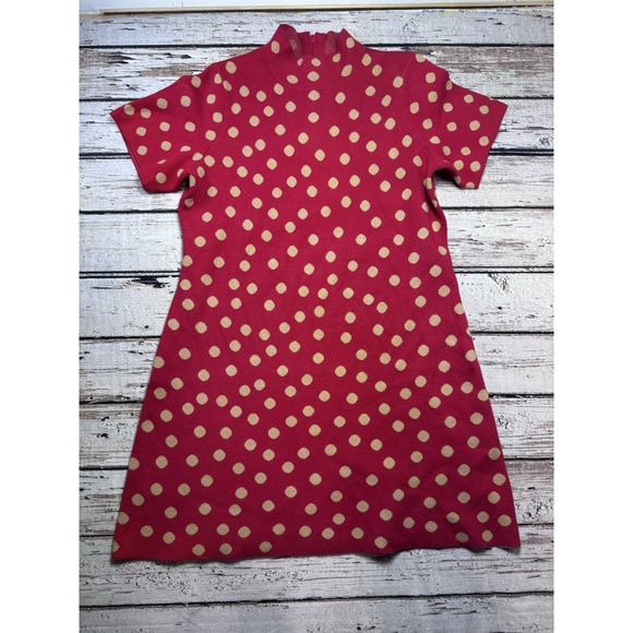 Anthropologie Nina Mod Sweater Dress Red Gold Polka Dot 1X S/S Mock Neck - Picture 4 of 9